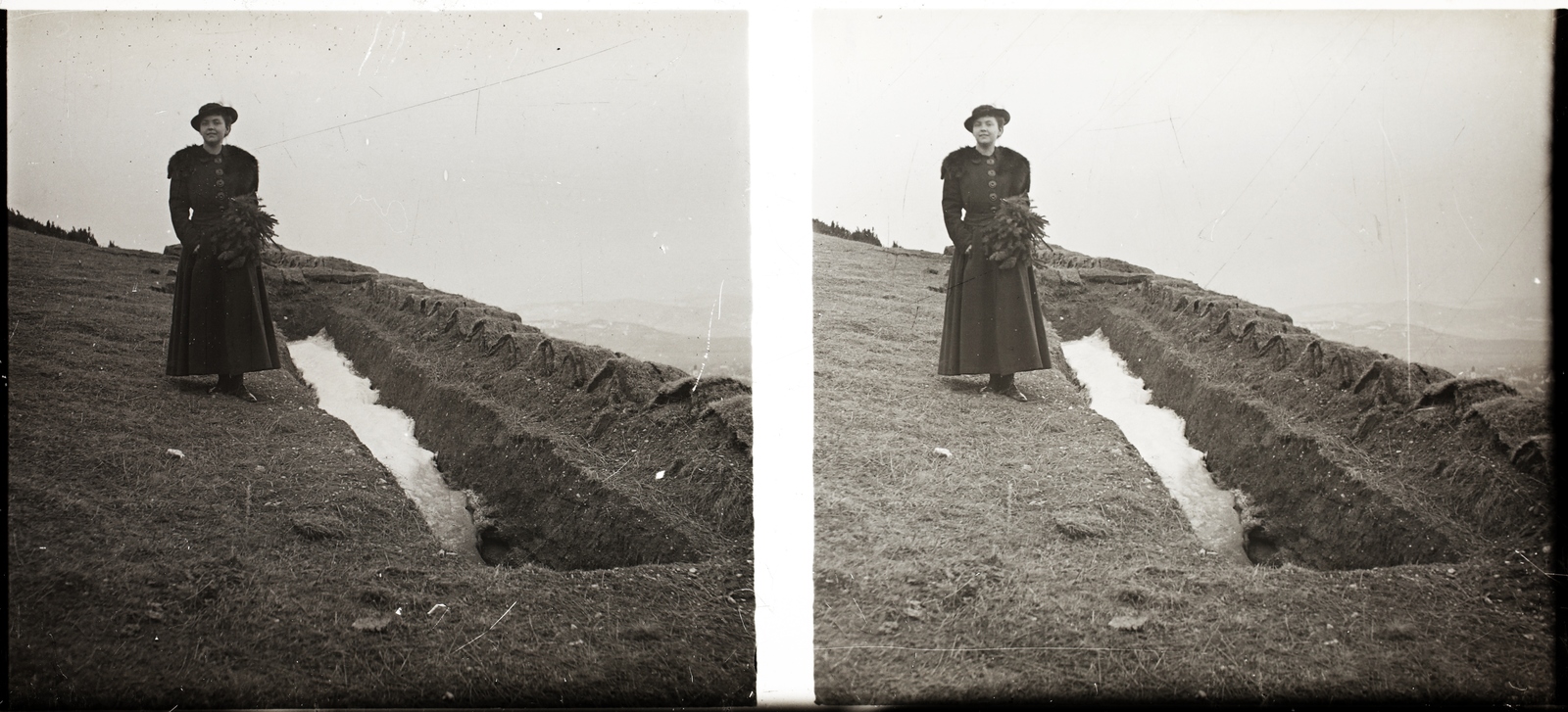 Romania,Transylvania, Gheorgheni, a felvétel a város közeli hegyen készült., 1916, Asztalos András, stereophoto, lady, pine branch, Fortepan #146060