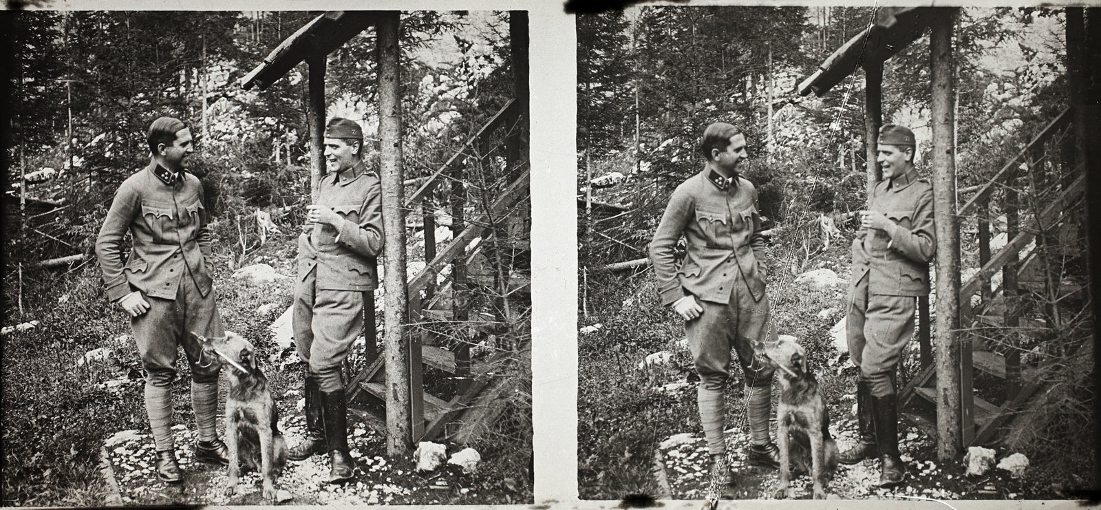 Romania,Transylvania, Bicaz Canyon, Gyilkosvölgyi telep., 1916, Asztalos András, stereophoto, dog, talks, soldier, Fortepan #146065