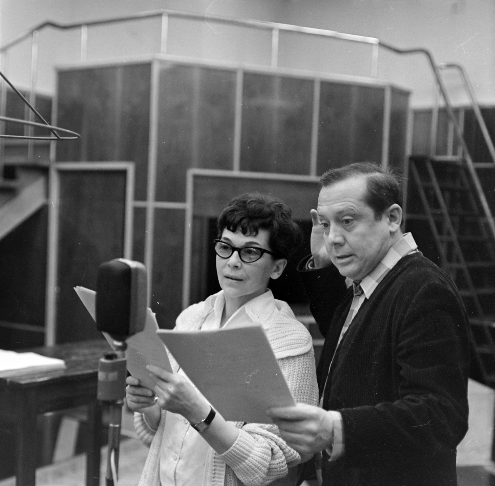Hungary, Budapest VIII., a Magyar Rádió 20-as stúdiója, Ilosvay Katalin és Kállai Ferenc színművészek., 1969, Szalay Zoltán, Budapest, Hungarian Radio, Fortepan #146595