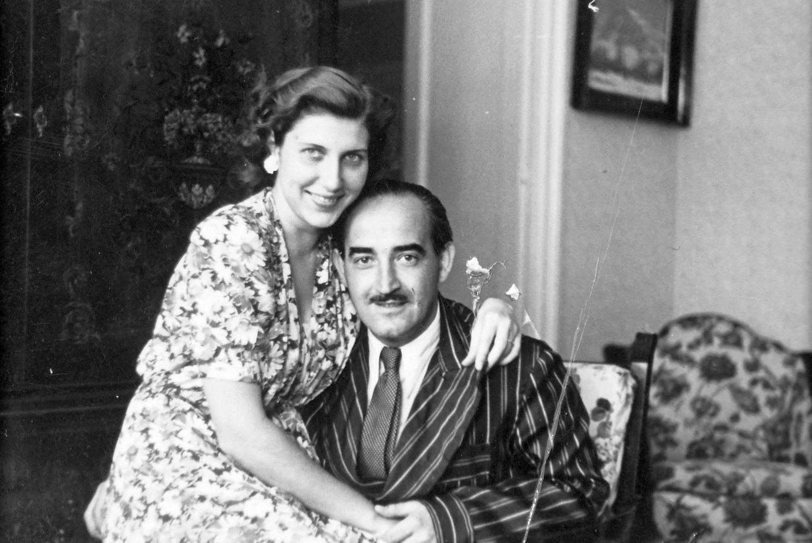 1944, Saly Noémi, hölgy, úriember, virágos ruha, Fortepan #14680