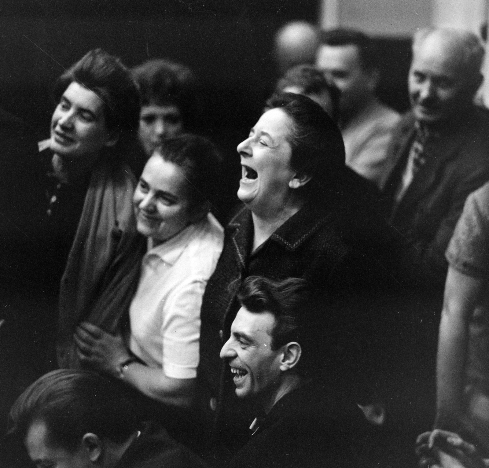 Hungary, Budapest VIII., a Magyar Rádió 6-os stúdiója, BÚÉK - 1966! A Rádió szilveszteri műsorának felvétele. Középen Gobbi Hilda, mellette ül ifj. Latabár Kálmán színművészek., 1965, Szalay Zoltán, Budapest, Hungarian Radio, photo aspect ratio: square, Best of, Fortepan #146820