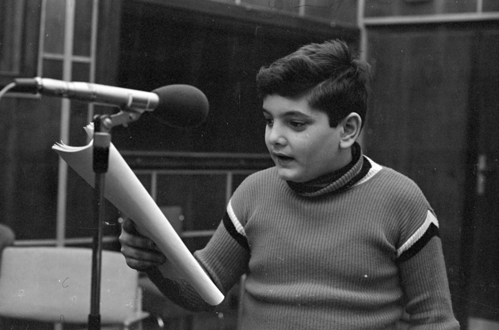 Hungary, Budapest VIII., a Magyar Rádió stúdiója, Gallyas József gyerekszereplő., 1975, Szalay Zoltán, Budapest, Hungarian Radio, child actor, Fortepan #147227