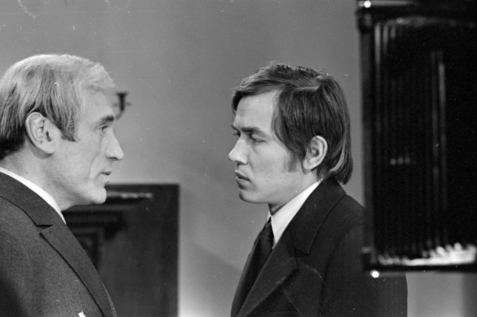 Hungary, Budapest V., az MTV stúdiója, Sánta Ferenc A Müller család halála című novellájából készült tévéjáték felvétele. Bánffy György és Kozák András színművészek., 1972, Szalay Zoltán, Budapest, Fortepan #147879