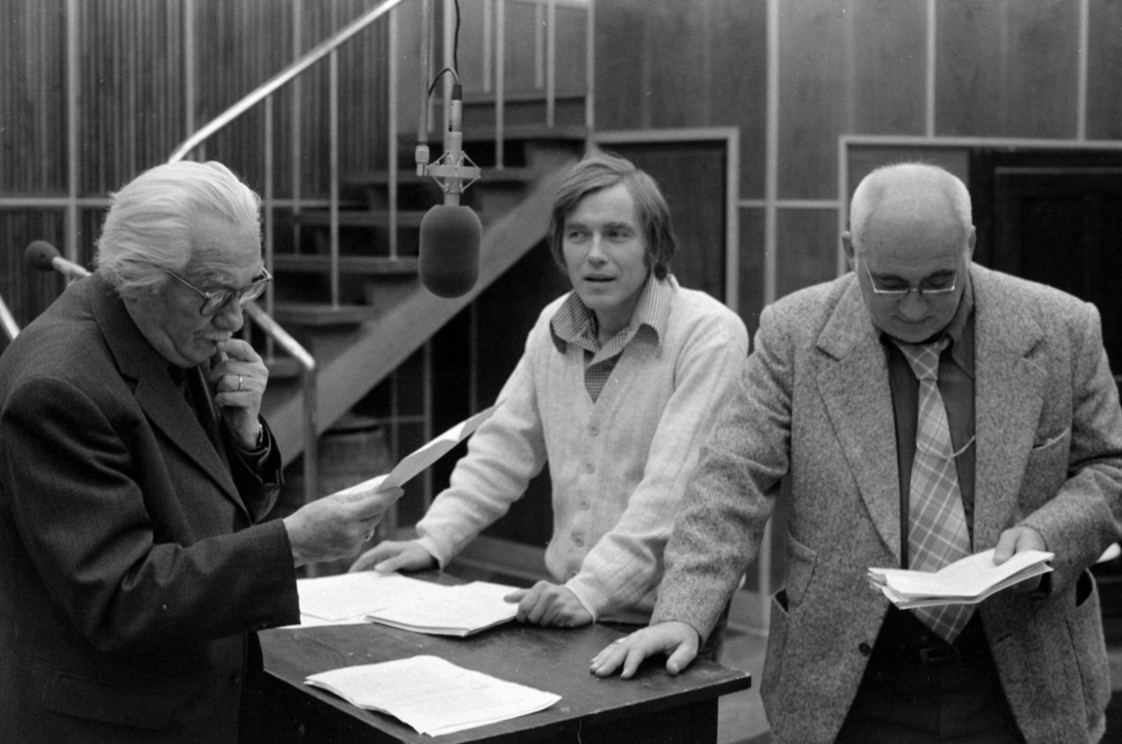Hungary, Budapest VIII., a Magyar Rádió 20-as stúdiója, Pethes Sándor, Kozák András és Inke László színművészek., 1978, Szalay Zoltán, Budapest, Hungarian Radio, Fortepan #148012