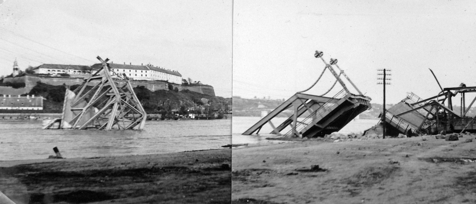Szerbia, Újvidék, a lerombolt közúti híd (Most kraljevića Tomislava) maradványa, háttérben a Duna túlpartján Pétervárad., 1942, Négyesi Pál, hídroncs, Fortepan #14802