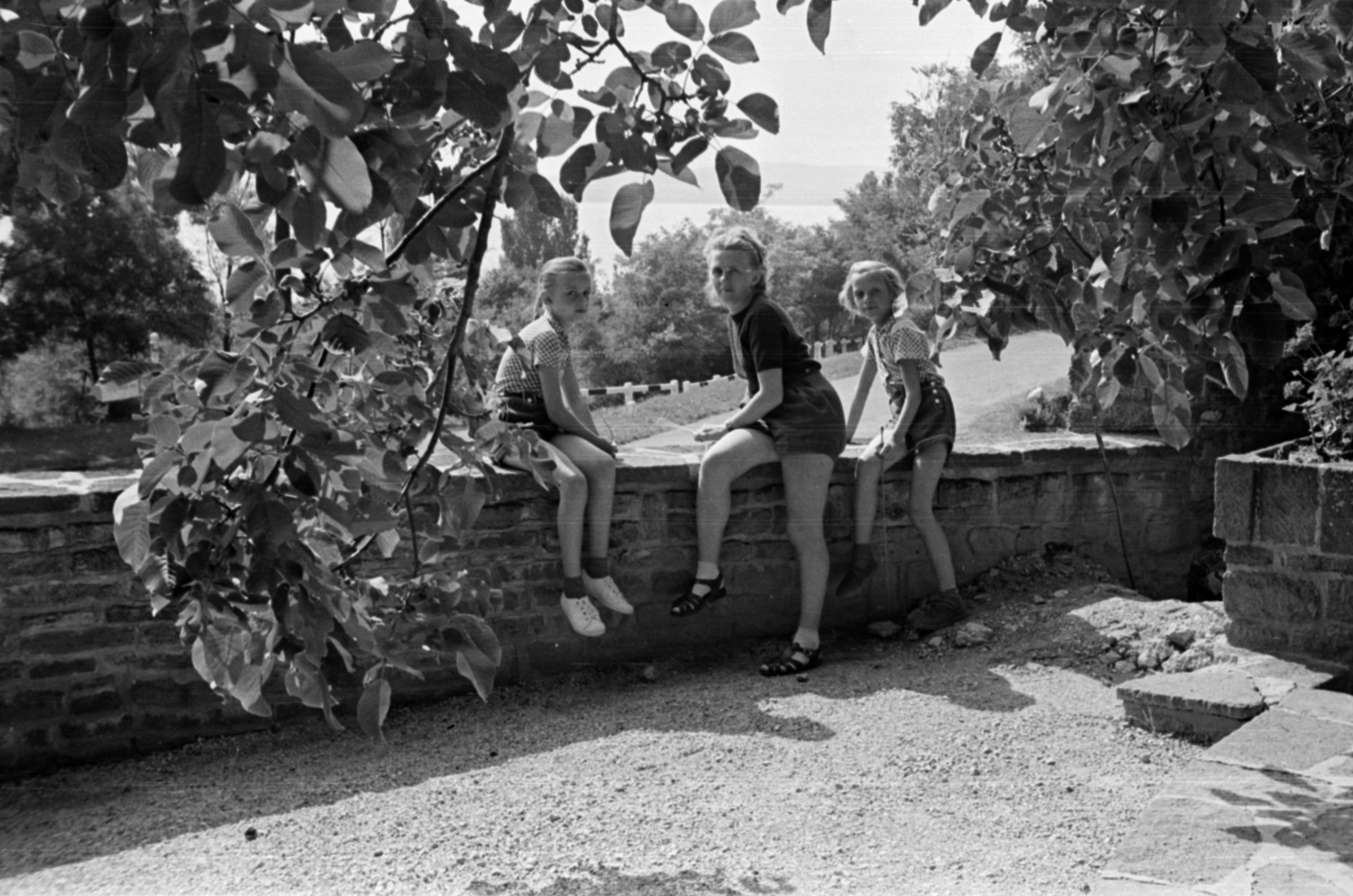 Hungary,Lake Balaton, Tihany, MÚOSZ üdülő terasza a Klebelsberg Kuno utca - Fürdőtelepi utca sarkán., 1953, Barbjerik Ferenc, sitting on a wall, Fortepan #148365