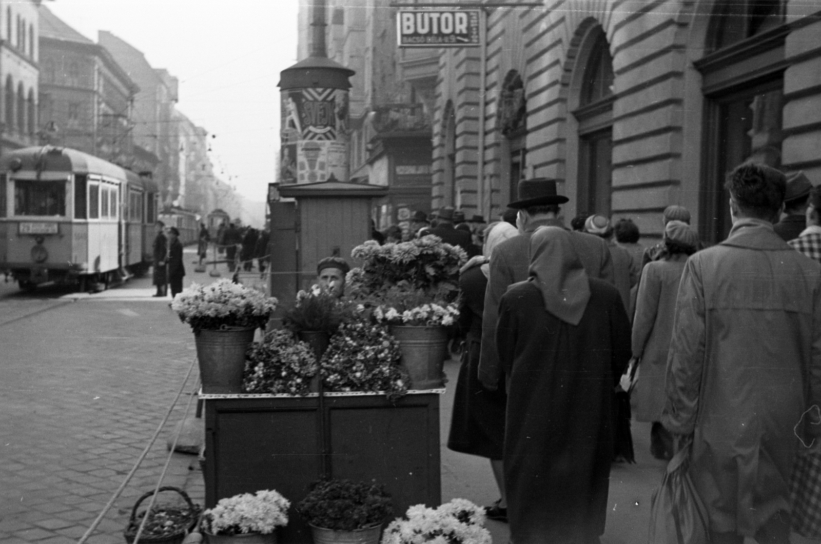Hungary, Budapest VIII., Népszínház utca a József körút felől nézve, jobbra a Bacsó Béla utca torkolata., 1955, Barbjerik Ferenc, Budapest, pedestrian, ad pillar, tram, back, florist, peeking, Fortepan #148413