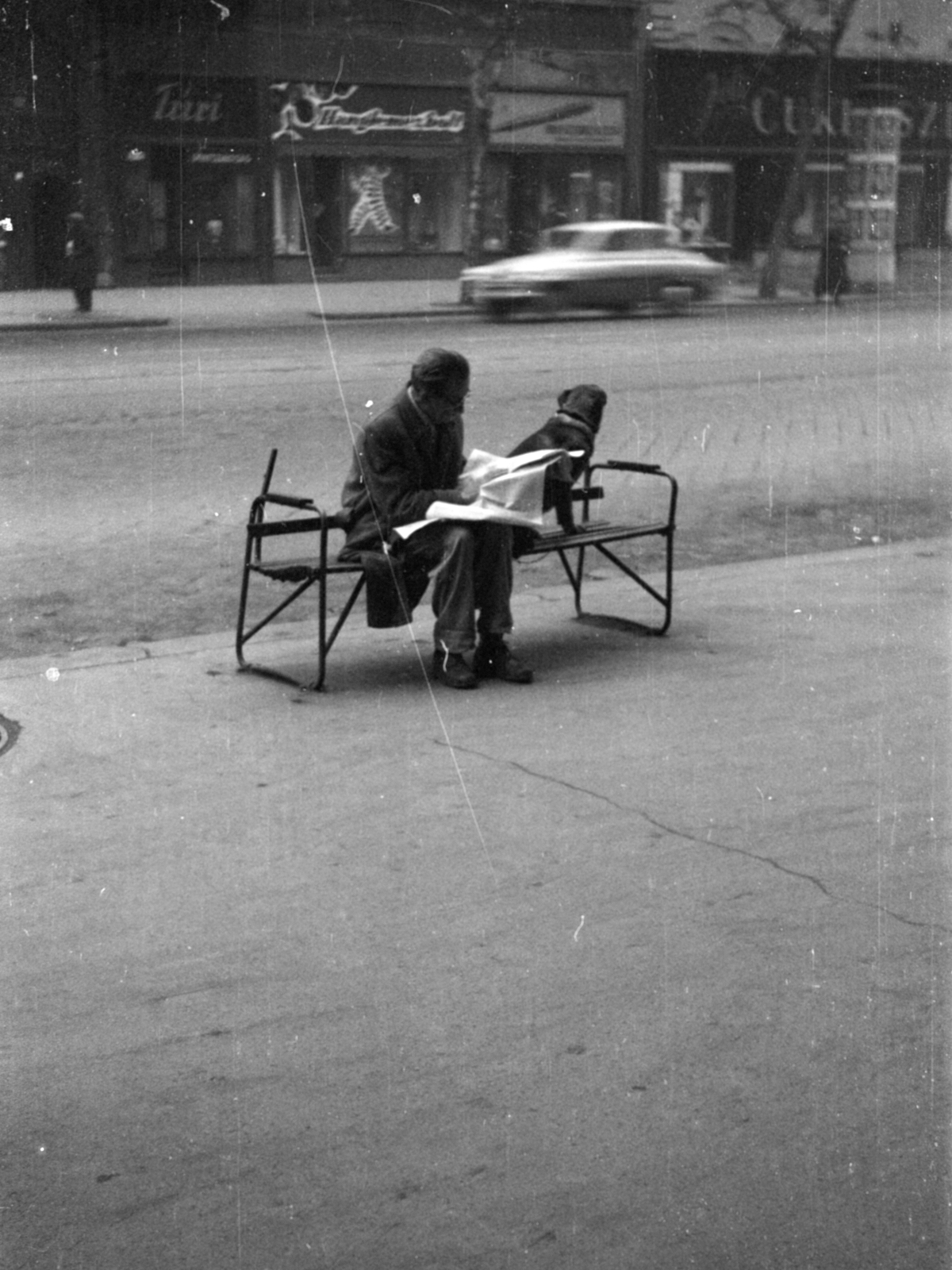 Hungary, Budapest VI., a felvétel a Teréz körút 30. (Lenin körút 88.), a Művész mozi előtt készült. Szemben a túloldalon a Teréz körút 27. (Lenin körút 81.)., 1956, Barbjerik Ferenc, dog, reading, newspaper, Budapest, Fortepan #148435