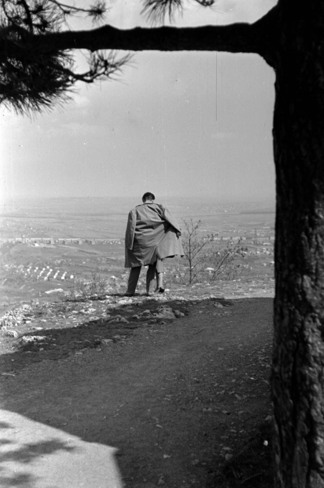 Hungary, Mecsek, Pécs, kilátás a Bertalan-sziklán álló Flóra-pihenőtől Borbálatelep és Meszes városrész felé., 1962, Barbjerik Ferenc, trench coat, intimacy, man and woman, Fortepan #148667