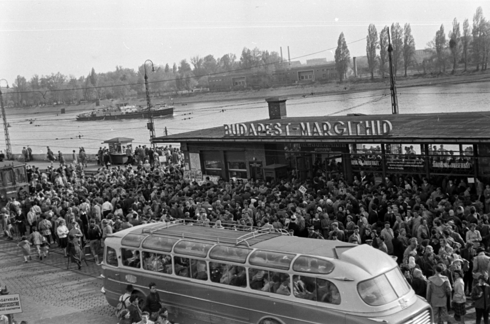 Magyarország, Budapest II., Árpád fejedelem útja a Margit híd budai hídfőjénél, a szentendrei HÉV végállomása. Háttérben a Margit-sziget, 1962, Barbjerik Ferenc, Ikarus 55, Budapest, Fortepan #148676