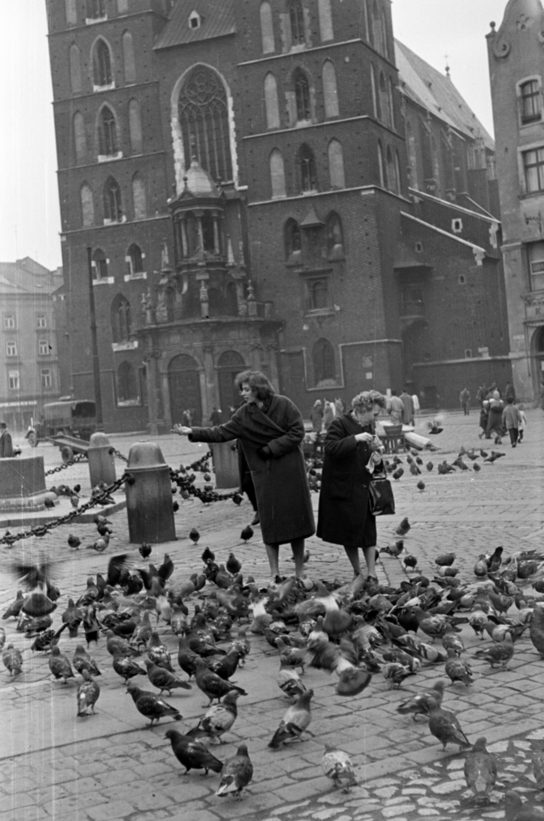 Lengyelország, Krakkó, Rynek Glówny a város főtere, Mária-templom., 1966, Barbjerik Ferenc, madáretetés, galambdúc, Fortepan #148756
