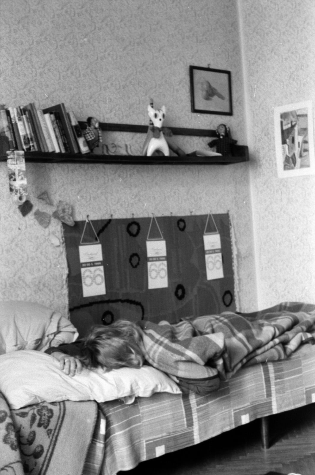 1966, Barbjerik Ferenc, shelf, tapestry, plaid, couch, Fortepan #148877