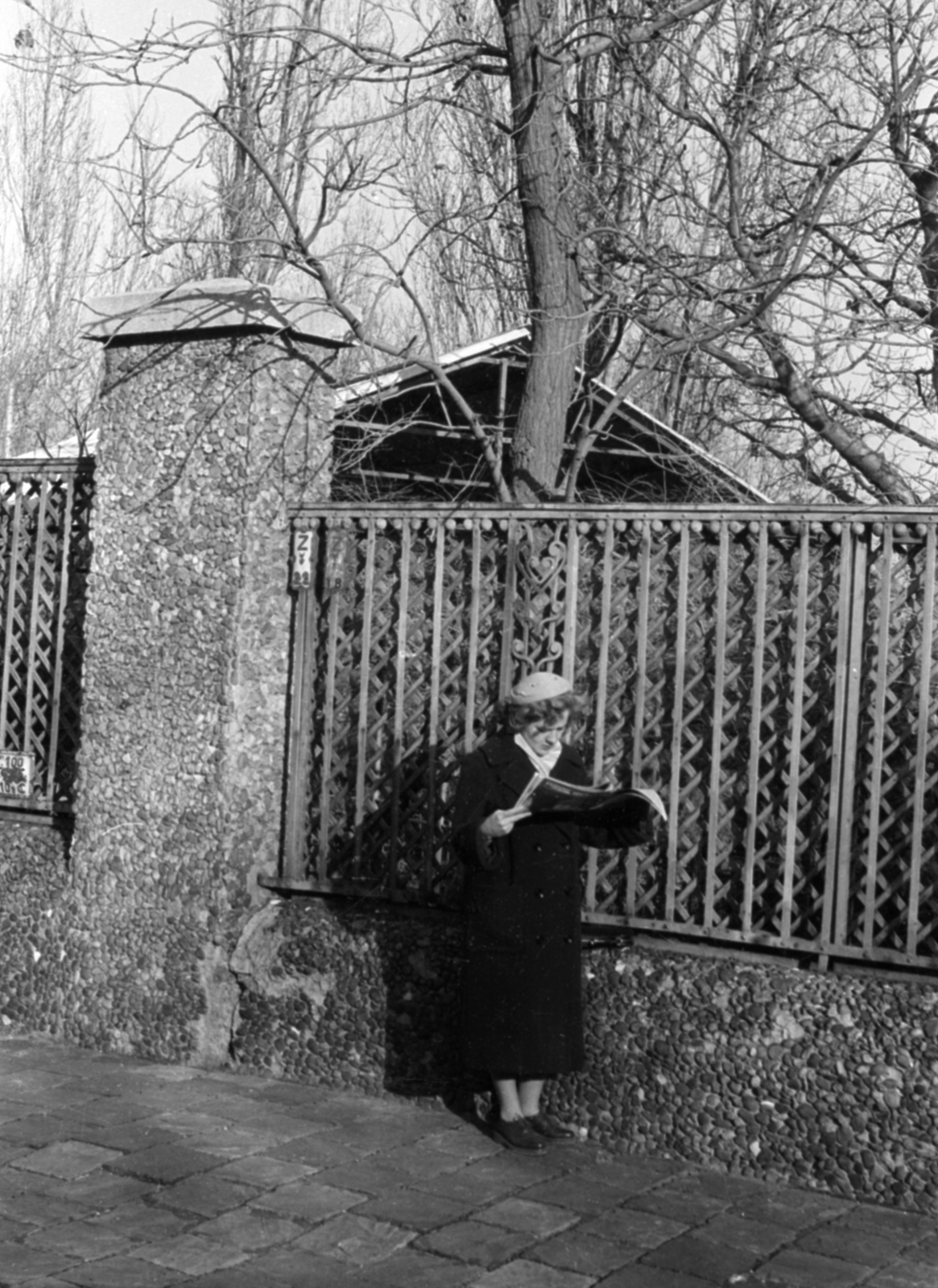 Magyarország, Budapest XI., a felvétel a Gellért Gyógyfürdő kerítése mellett készült., 1957, Fortepan/Album027, Budapest, újság, olvasás, Fortepan #149159