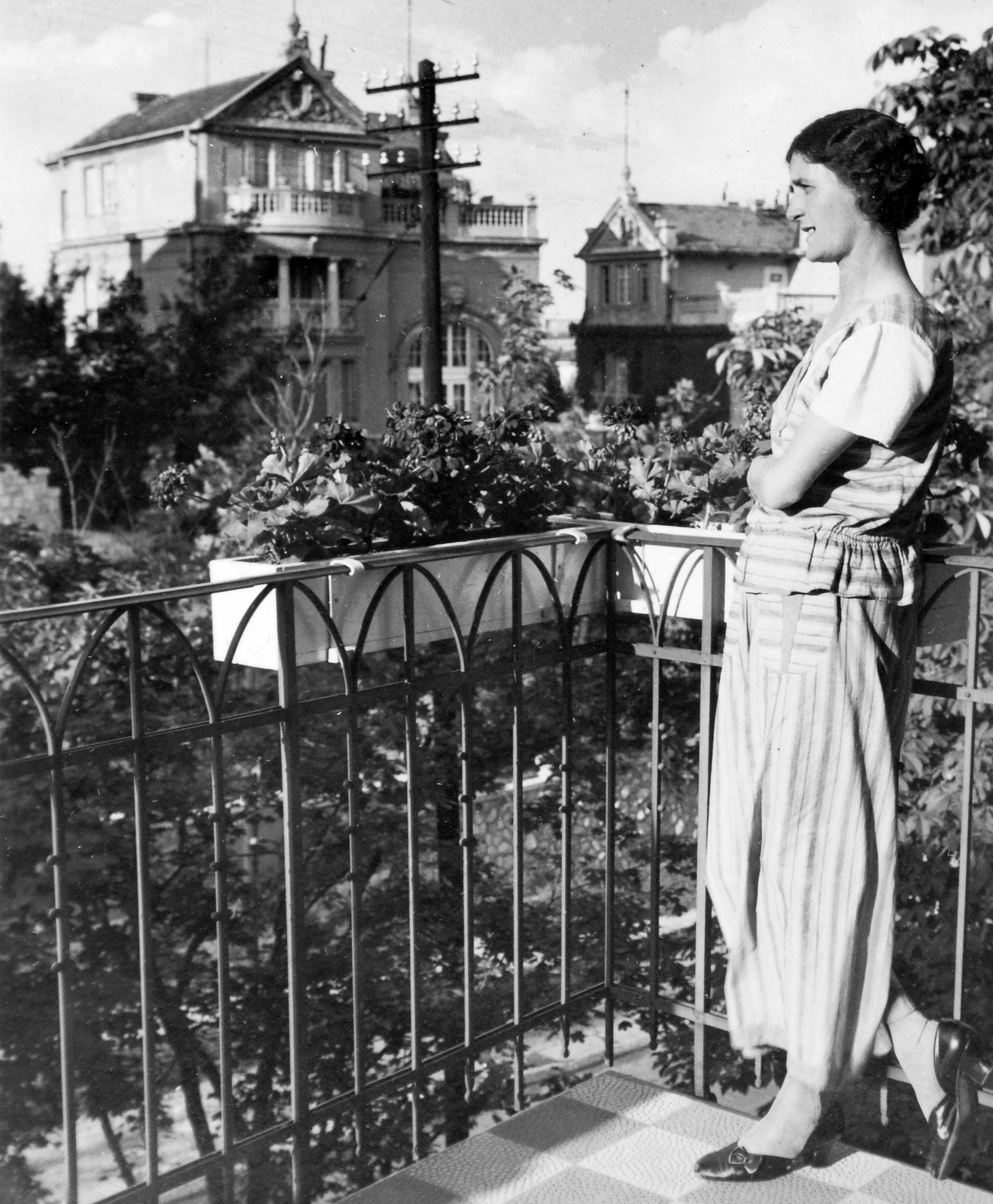 Hungary, Budapest XII., Istenhegyi út 9/c (balra) és 9/b iker villák a 16. számú ház erkélyéről., 1936, Barna Ádám, railing, balcony, woman, planter, Budapest, Fortepan #14921