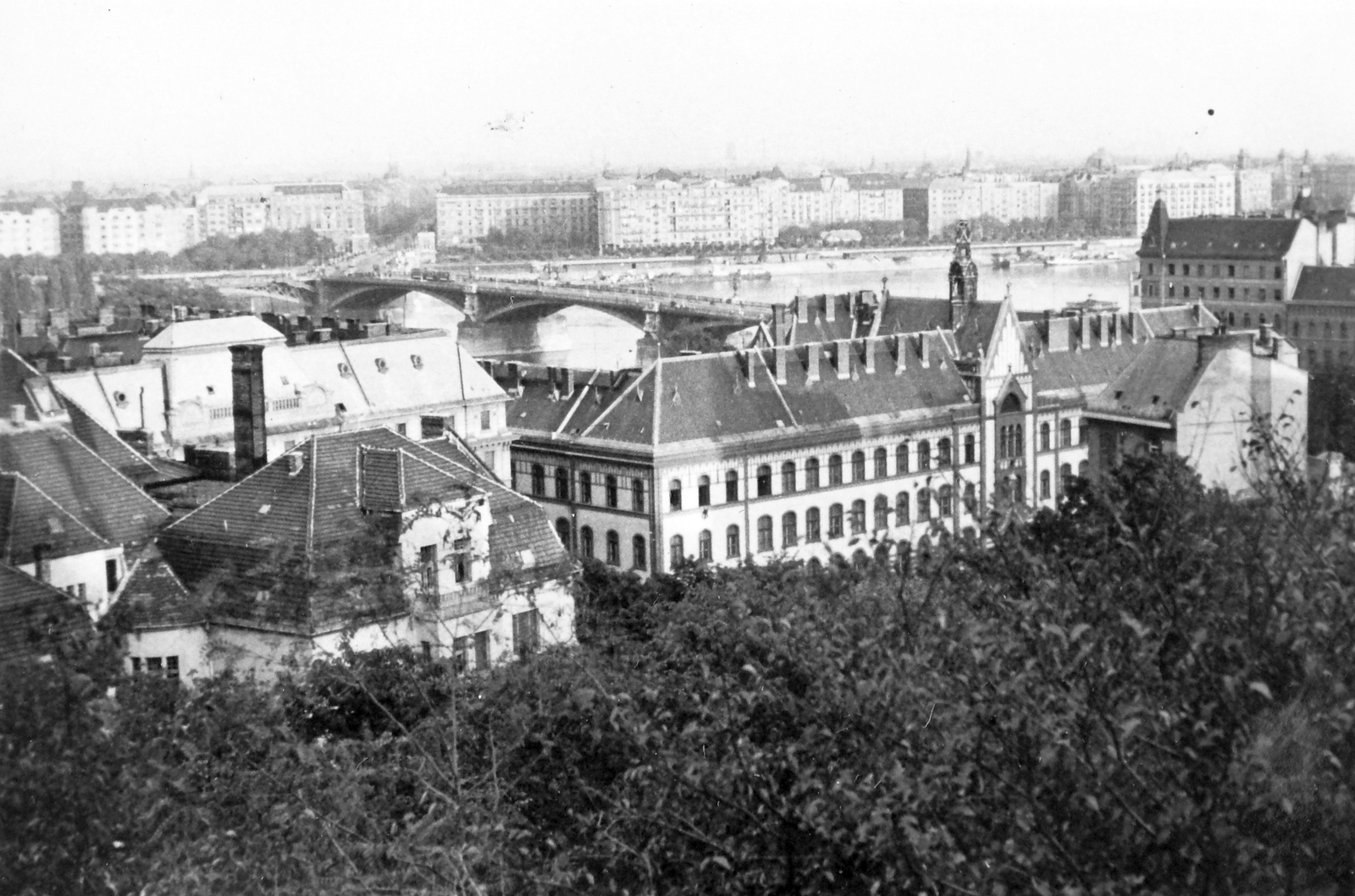 Hungary, Budapest II., kilátás a Rózsadombról a Margit híd felé, előtérben a Budai Irgalmasrendi Kórház épülete., 1943, Saly Noémi, roof, Budapest, ridge turret, Fortepan #14984