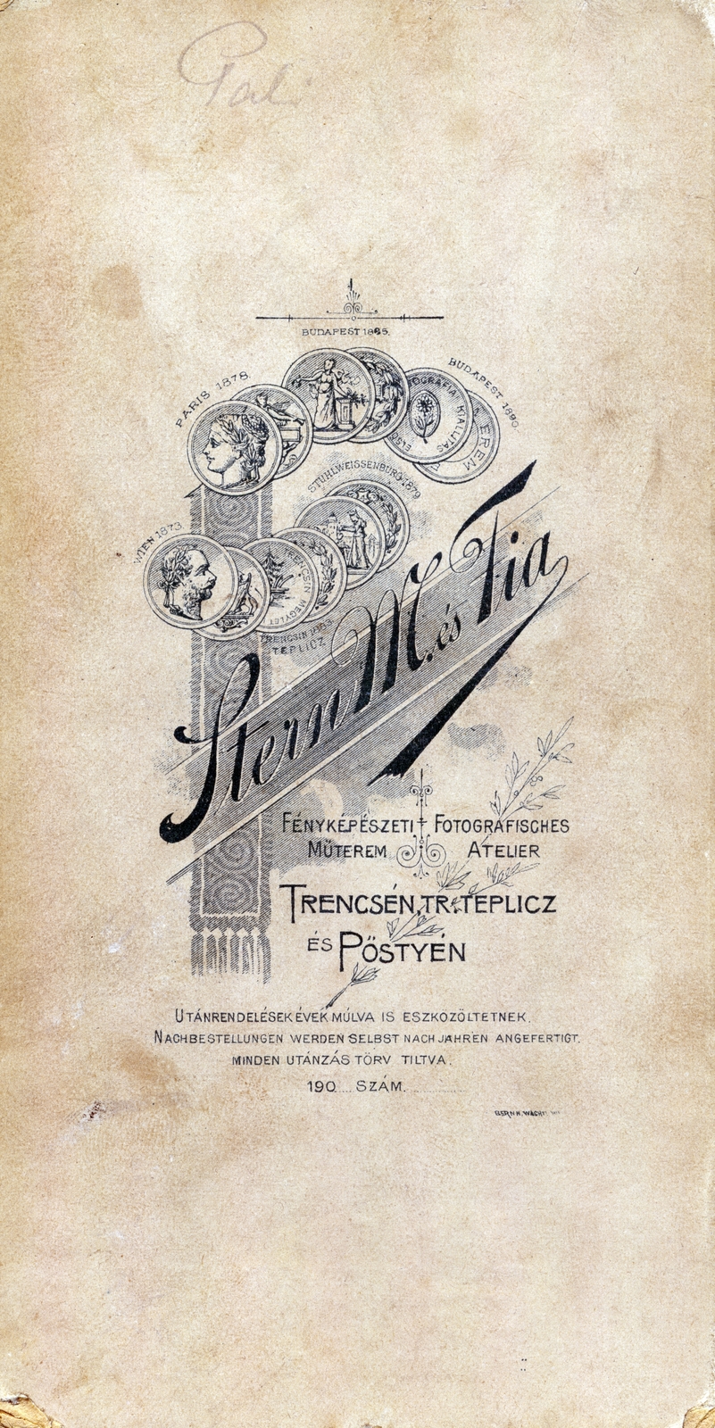 Trencsén, 1905, Barna Imre, műterem, fényképész, hátlap, Fortepan #150031