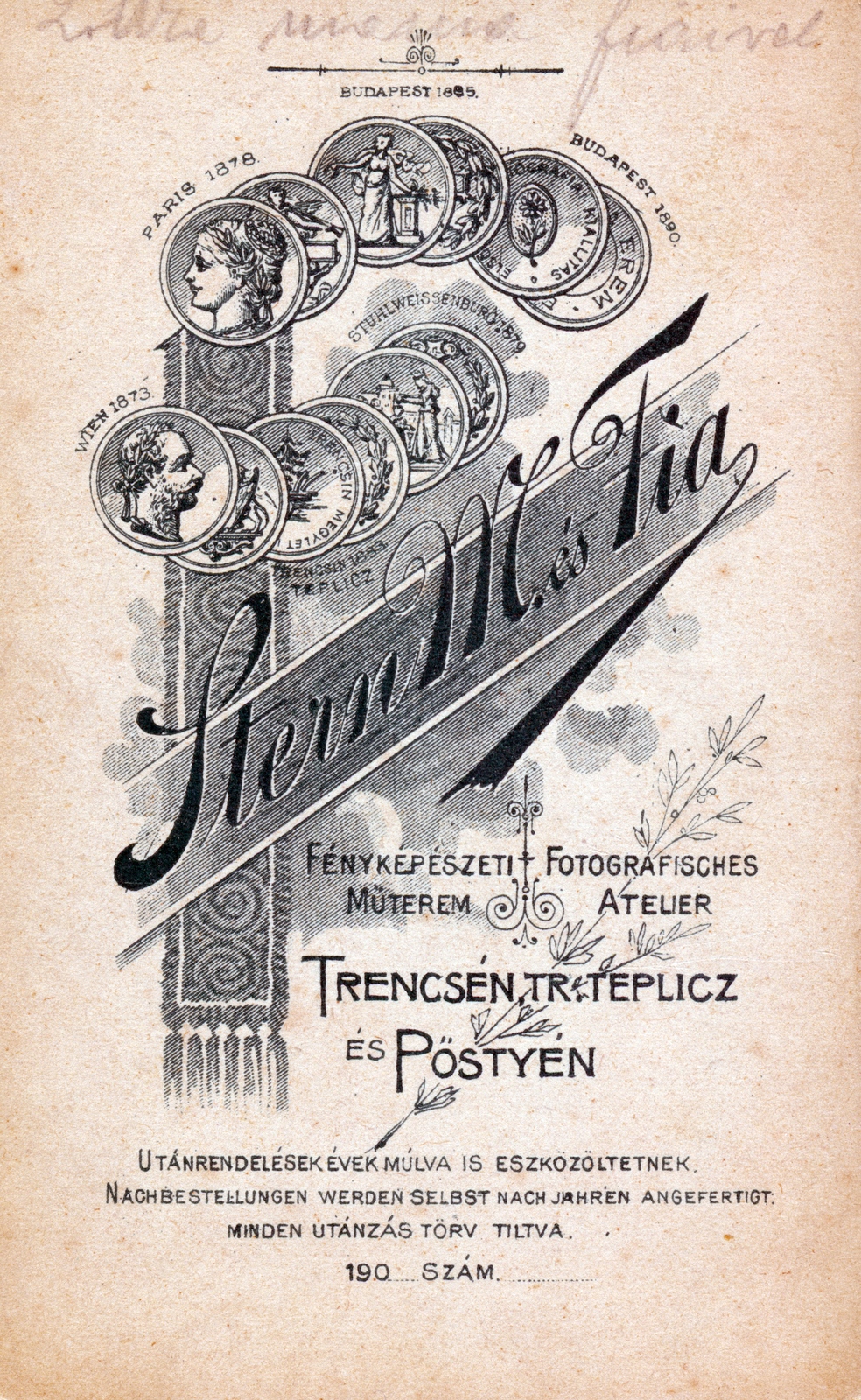 Csehország,Szlovákia, Trencsén,Teplice, Stern Miksa és fia fényképészeti műterme., 1903, Barna Imre, műterem, fényképész, hátlap, Fortepan #150043