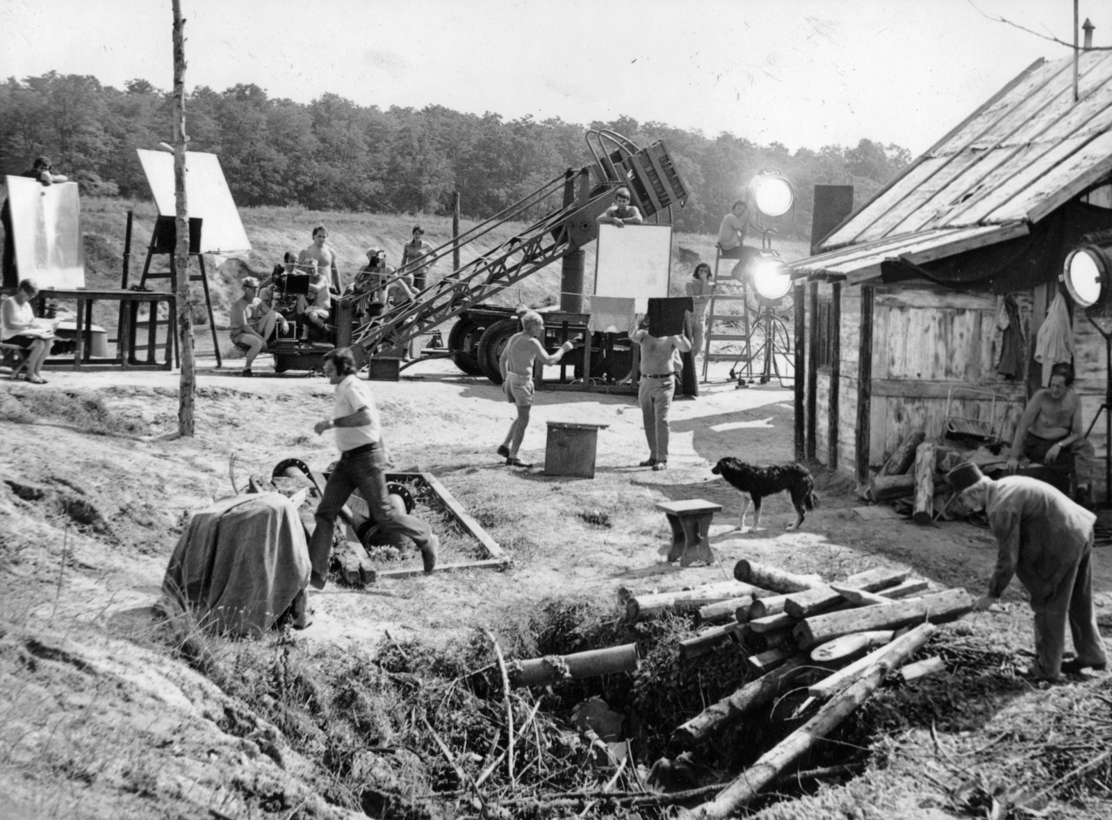 Magyarország, a felvétel Az öreg című film forgatásakor készült, Tatabánya környékén., 1976, Révész György, Inkey Alice, filmforgatás, daru, filmkamera, reflektor, kutya, Fortepan #150184