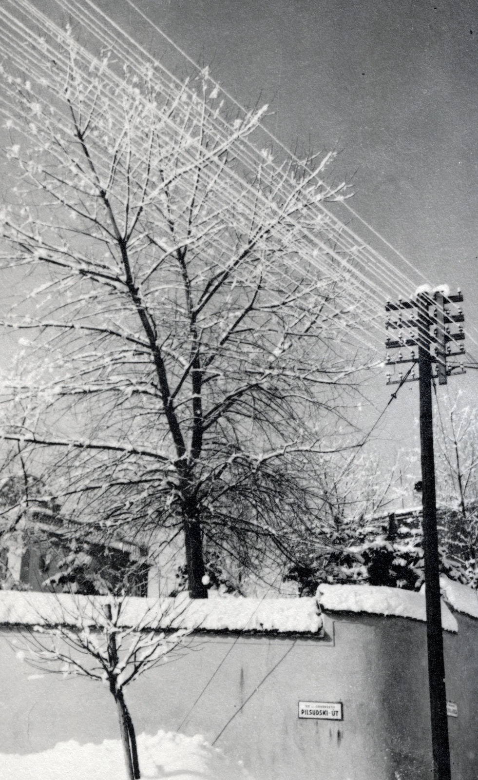Magyarország, Budapest XII., Stromfeld Aurél (Pilsudski) út 16., jobbra a Levendula utca. Az épület Bajor Gizi villája, ma a róla elnevezett Szinészmúzeum., 1941, Kőszegi Anna, hó, villanyoszlop, Budapest, Fortepan #151101
