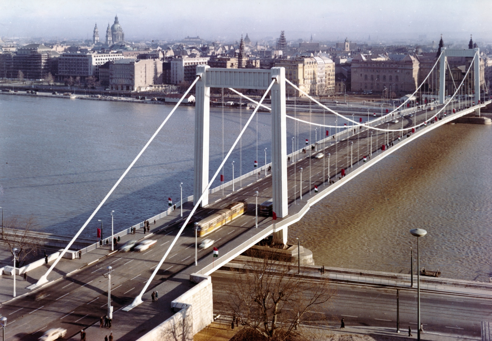 Magyarország, Budapest V.,Budapest I., az Erzsébet híd a Gellérthegyről nézve., 1964, Bujdosó Géza, színes, folyó, Duna, Budapest, Duna-híd, Sávoly Pál-terv, Fortepan #151437