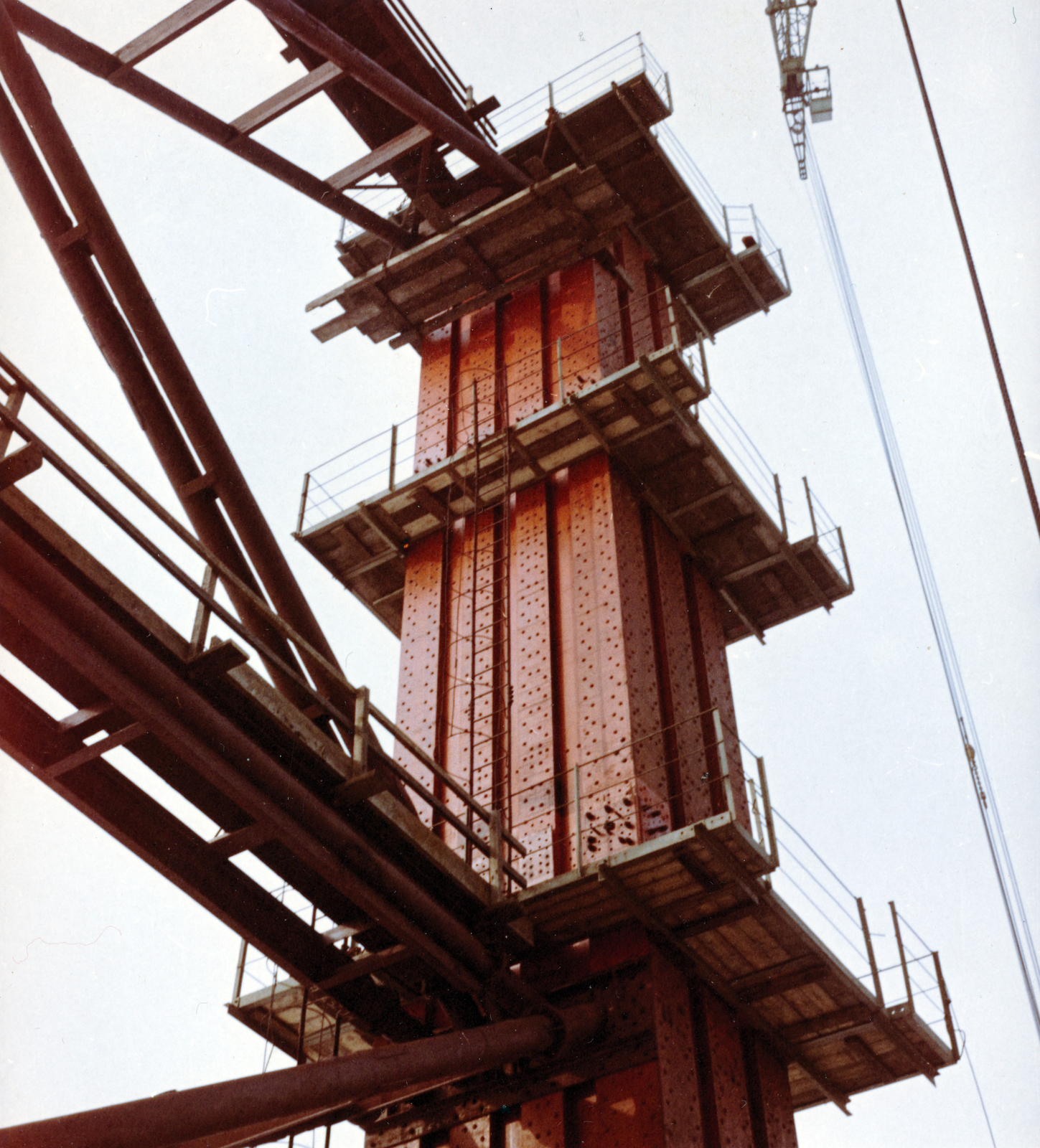 Hungary, Budapest, az Erzsébet híd építése, kapuzat., 1963, Bujdosó Géza, colorful, river, bridge building, Danube, Duna-bridge, Pál Sávoly-design, Fortepan #151441