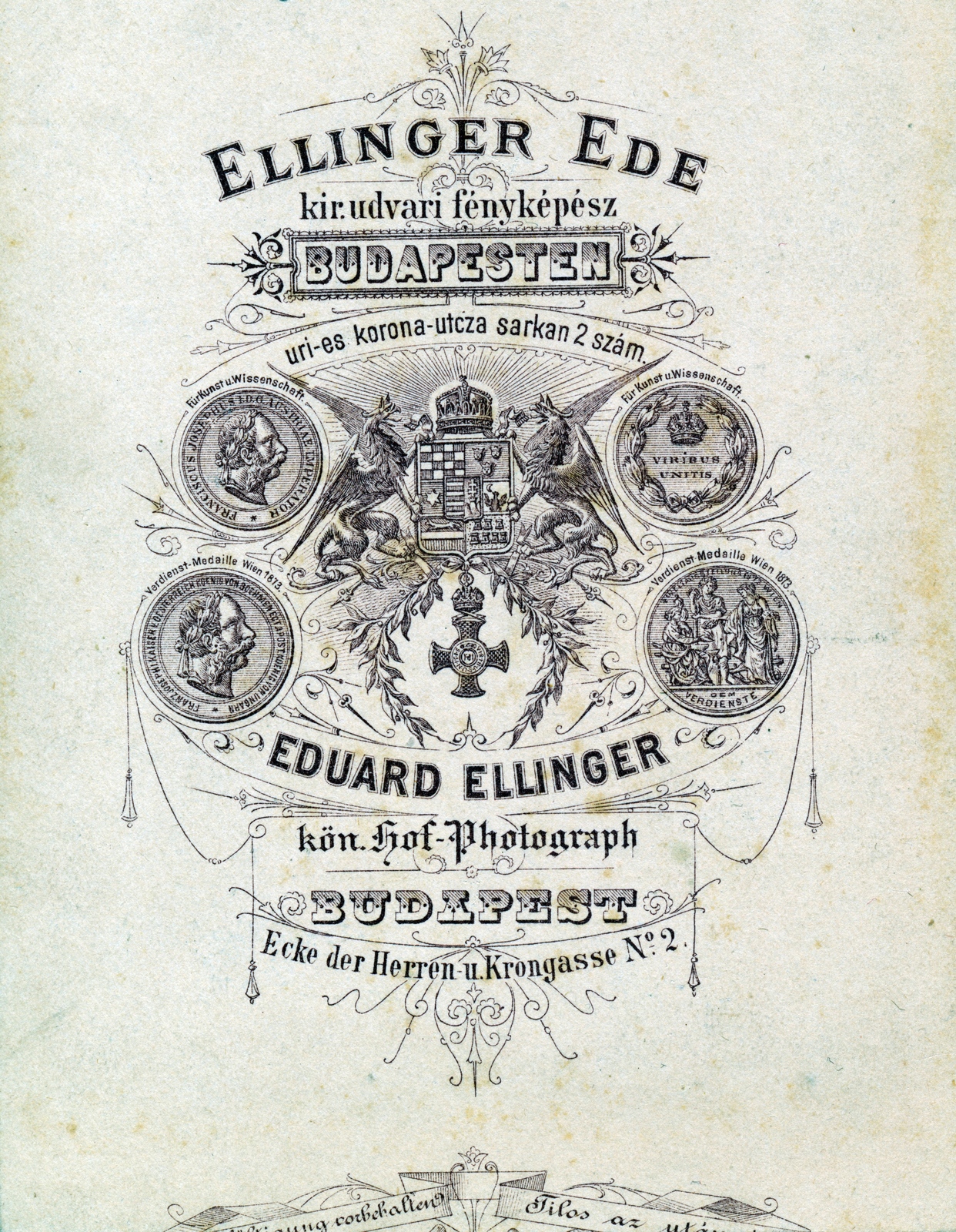 Magyarország, Budapest V., Petőfi Sándor (Úri) utca - Régi posta (Korona utca) sarkán, Ellinger Ede fényképész., 1900, Gali, műterem, fényképész, hátlap, Budapest, Fortepan #151598