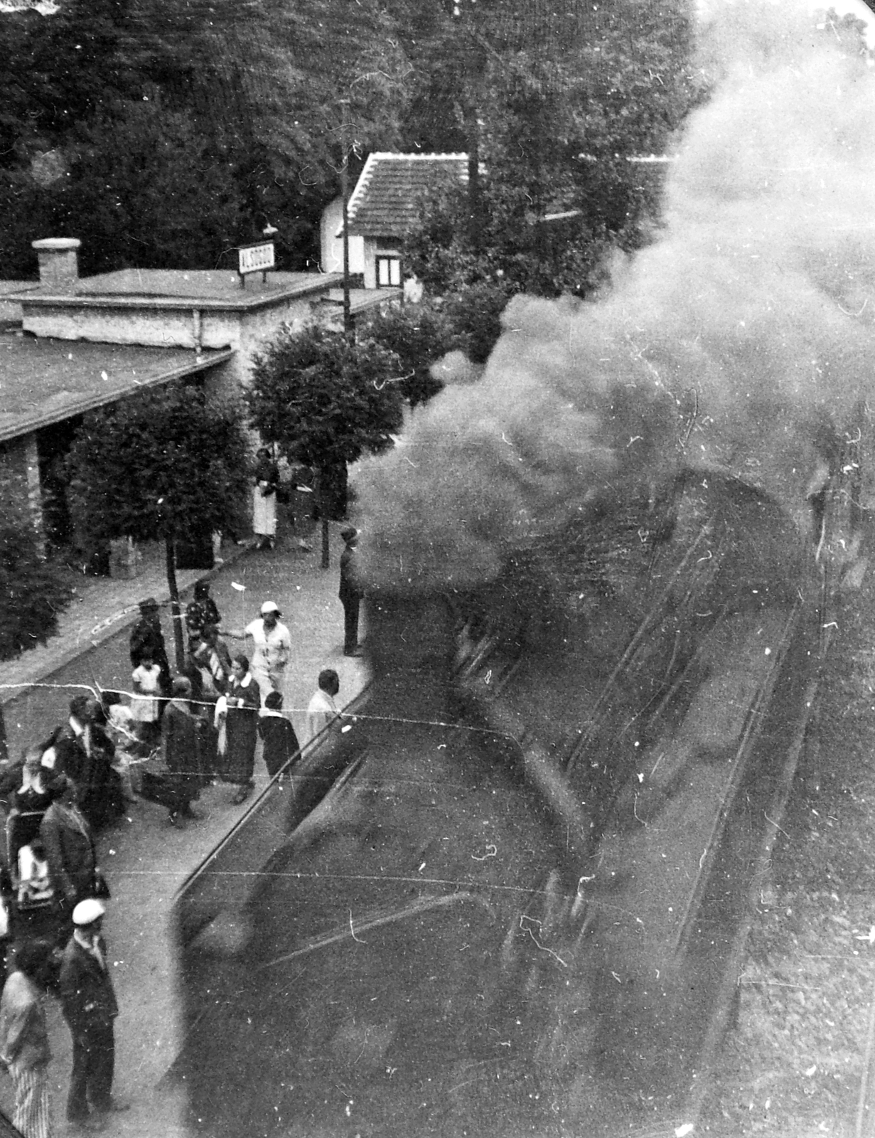 Magyarország, Göd, Alsógöd (ekkor önálló, ma a város része), vasúti megállóhely., 1926, Saly Noémi, gőzmozdony, MÁV, vasút, vonat, lapostető, Fortepan #15189