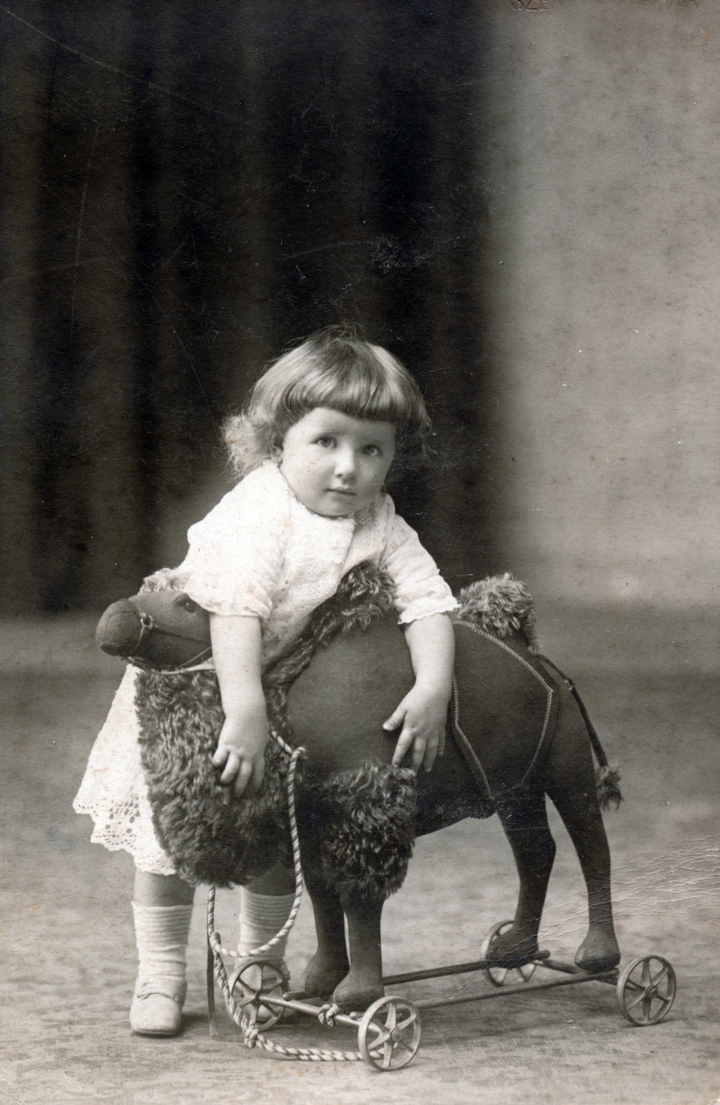 Hungary, Székesfehérvár, 1914, Gyurász Mária, free time, girl, camel, toy, kid, Fortepan #151999