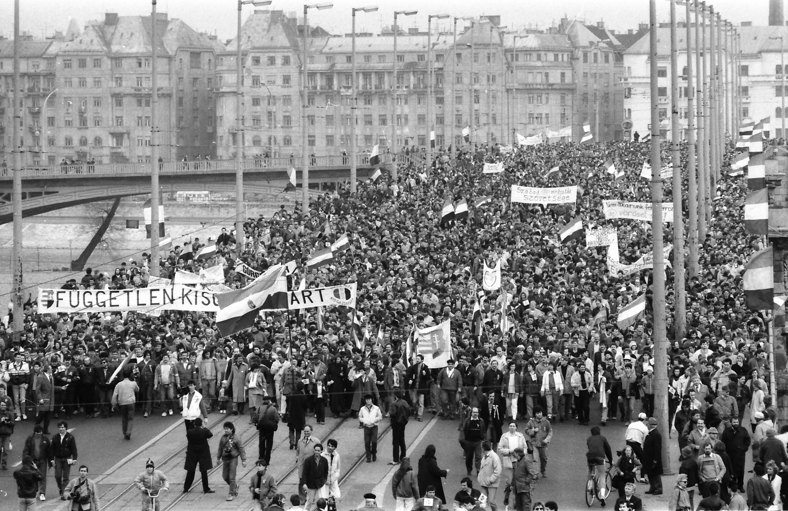 Magyarország, Budapest II.,Budapest XIII., Margit híd, háttérben a Palatinus házak. A március 15-i megemlékezés és békés tüntetés résztvevői., 1989, Szigetváry Zsolt, rendszerváltás, Budapest, Fortepan #152142