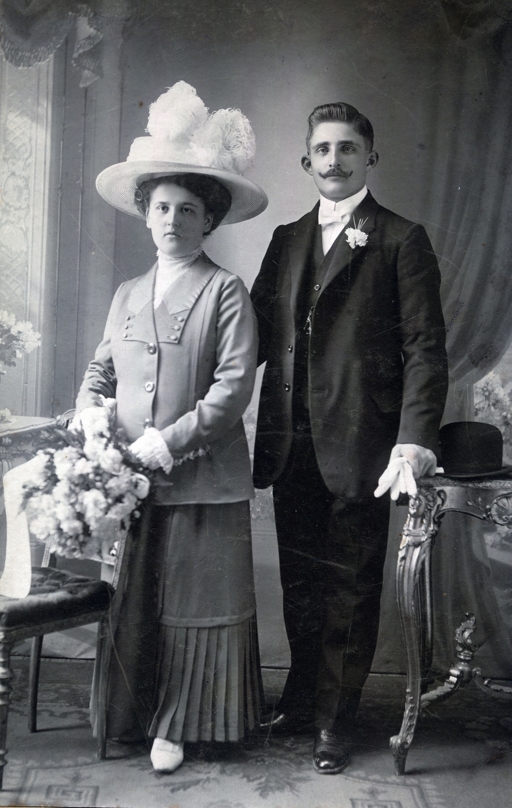 1906, Markus Marianna, hat, wedding ceremony, flower, studio, man and woman, flower on a lapel, Fortepan #153088