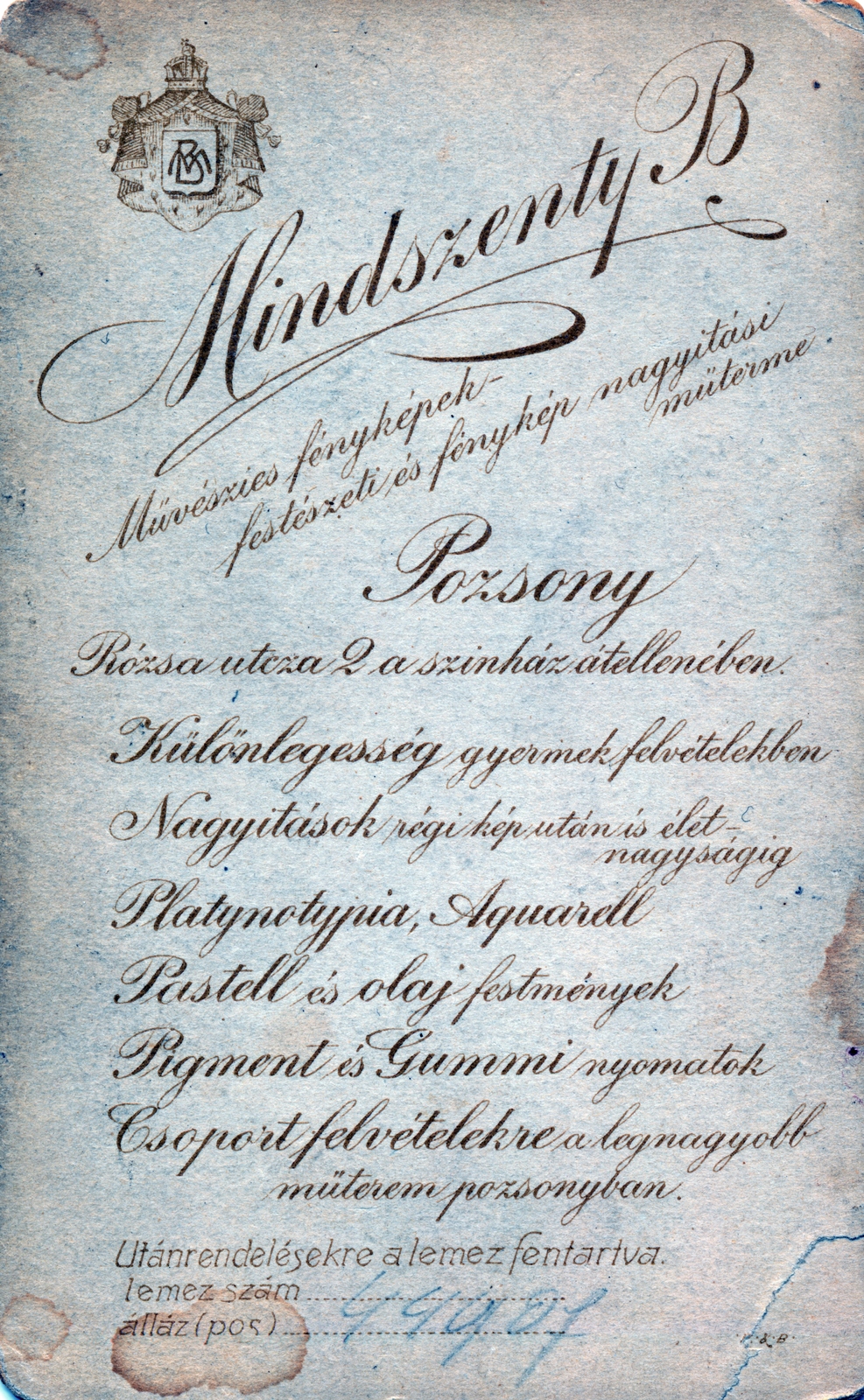 Szlovákia, Pozsony, Rózsa utca 2., Mindszenty Béla művészies fényképek-festészeti és fénykép nagyítási műterme., 1907, Markus Marianna, műterem, fényképész, hátlap, Fortepan #153094