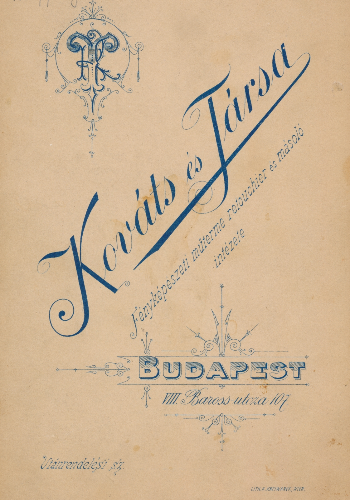 Hungary, Budapest VIII., Baross utca 107., Kováts és Társa fényképészeti műterme retouchier és másoló intézete., 1911, Markus Marianna, verso, photographer, studio, Budapest, Fortepan #153101