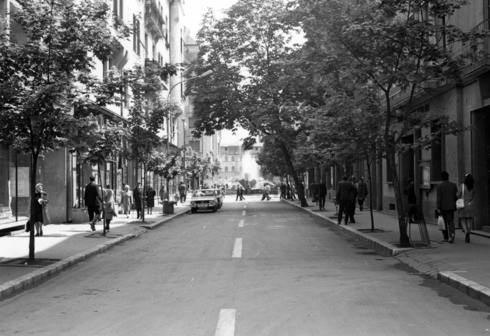 Romania,Transylvania, Timisoara, Strada Doctor Nicolae Paulescu a Piața Victoriei (Ferenc József tér) felé nézve, a háttérben a Halas-szökőkút., 1978, Müller család, Fortepan #153113