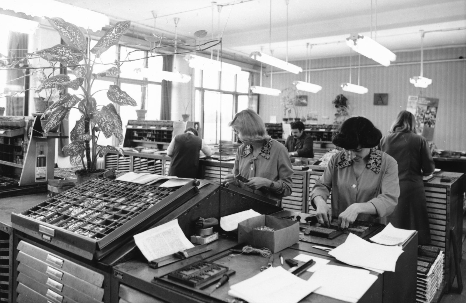 Hungary, Gyomaendrőd, Gyoma, ekkor önálló település, ma a város része. A Kner Nyomda szedőterme., 1981, Székely Tamás, workplace, neon lights, Fortepan #153269