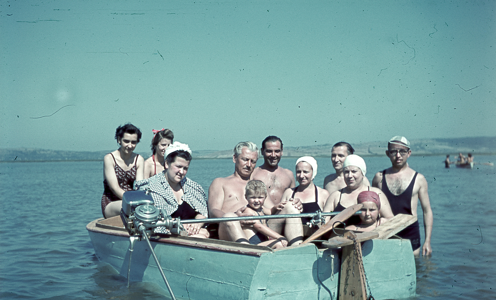 Hungary, Lake Velence, 1941, Miklós Lajos, colorful, outboard motor, bathing suit, swimming cap, glasses, Fortepan #153340