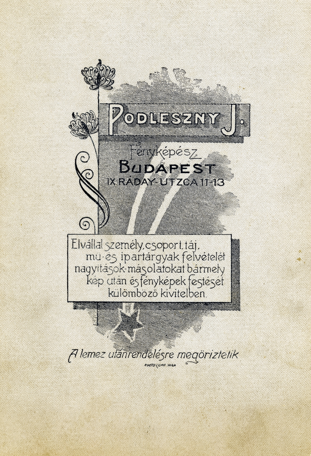 Hungary, Budapest IX., Ráday utca 11-13., Podleszny J. fényképész., 1916, Fortepan, studio, verso, photographer, Budapest, Fortepan #154290