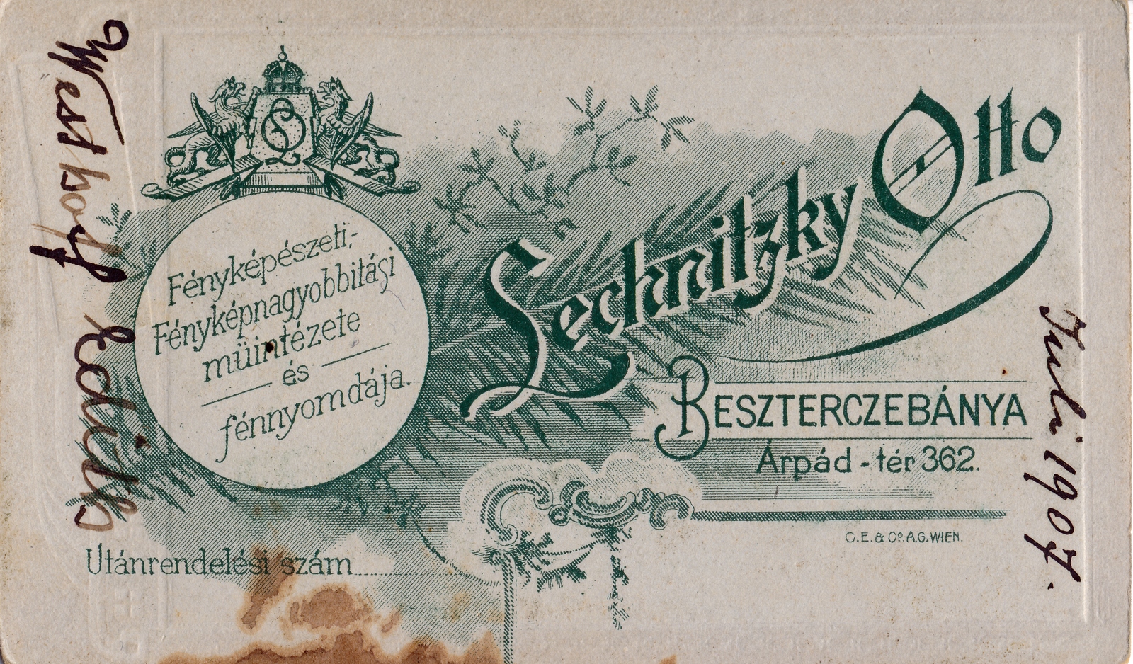 Szlovákia, Besztercebánya, Árpád tér 362., Lechnitzky Ottó fényképészeti,- fényképnagyobbítási műintézete és fénynyomdája., 1907, Kachelmann Róbert, műterem, fényképész, hátlap, Fortepan #155489