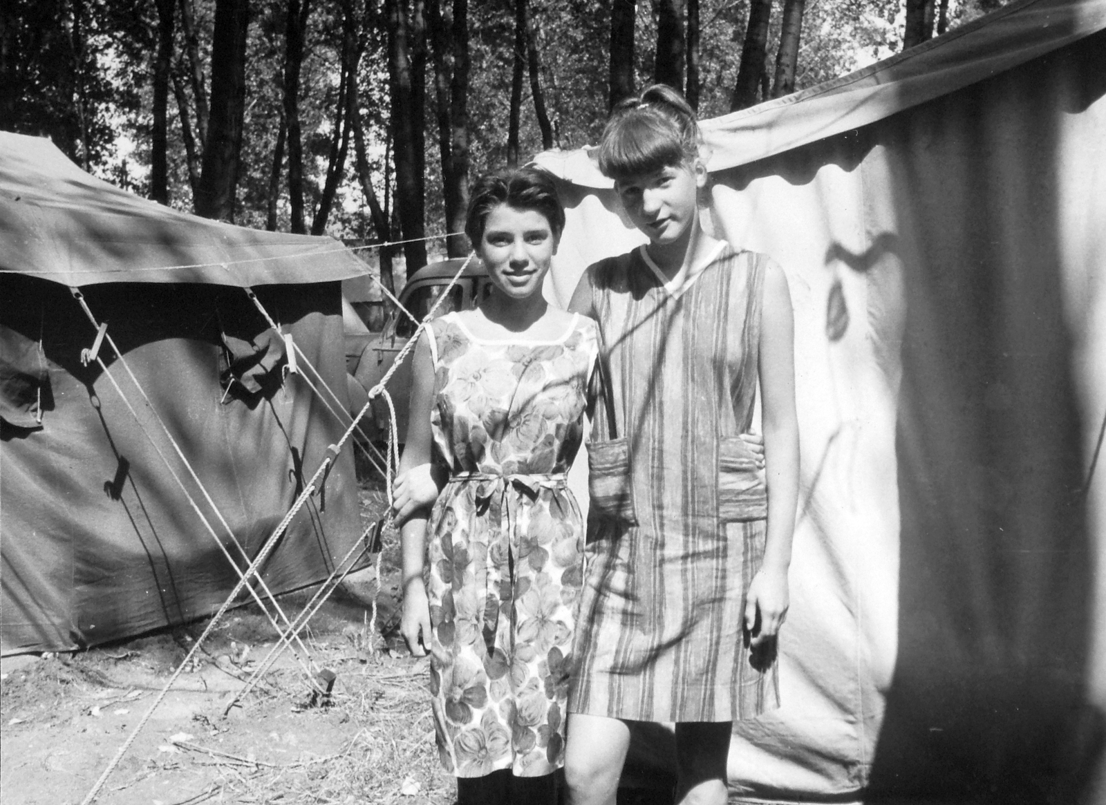 1966, Orosz Heléna, holiday, tent, camp, striped dress, Fortepan #15551