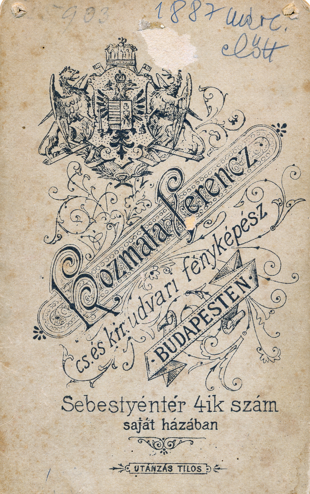 Magyarország, Budapest V., Sebestyén tér 4., Kozmata Ferenc fényképész. A felvétel 1887 előtt készült., 1900, Török Gyöngyvér, műterem, fényképész, hátlap, Budapest, Fortepan #155632