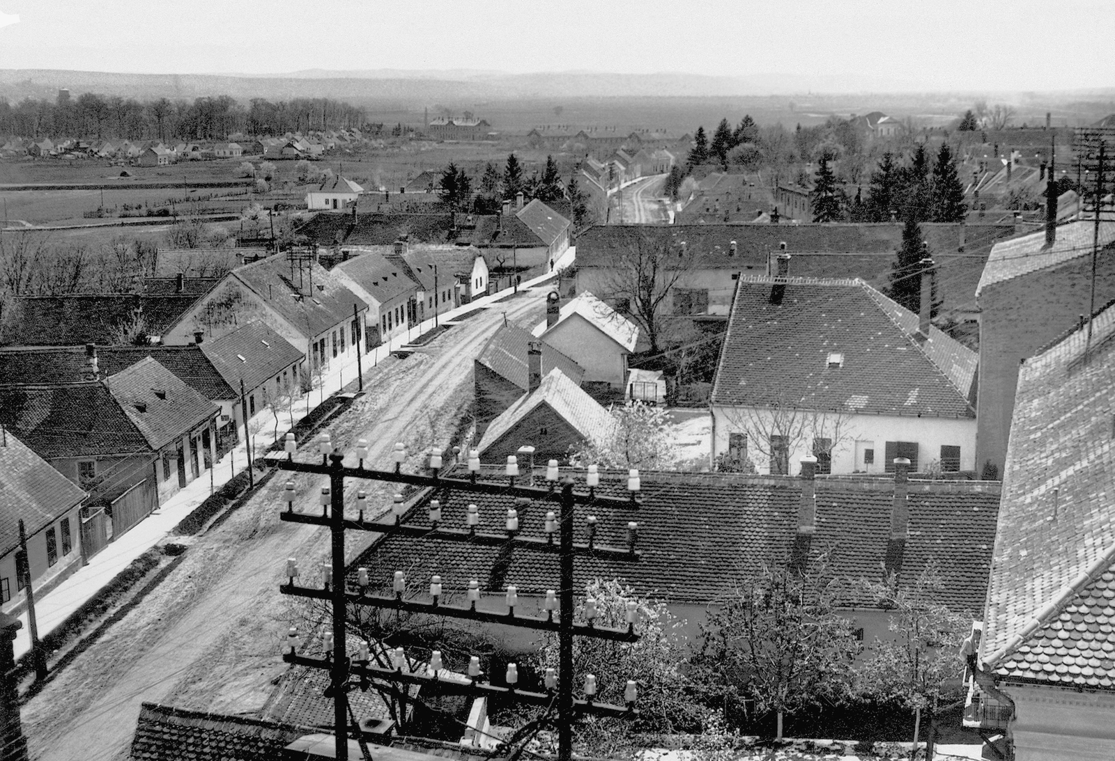 Hungary, Dombóvár, Kossuth Lajos utca a Zrínyi Ilona Általános Iskola tűztornyából fényképezve., 1936, Erky-Nagy Tibor, telecommunication, picture, aerial wire, Fortepan #15565