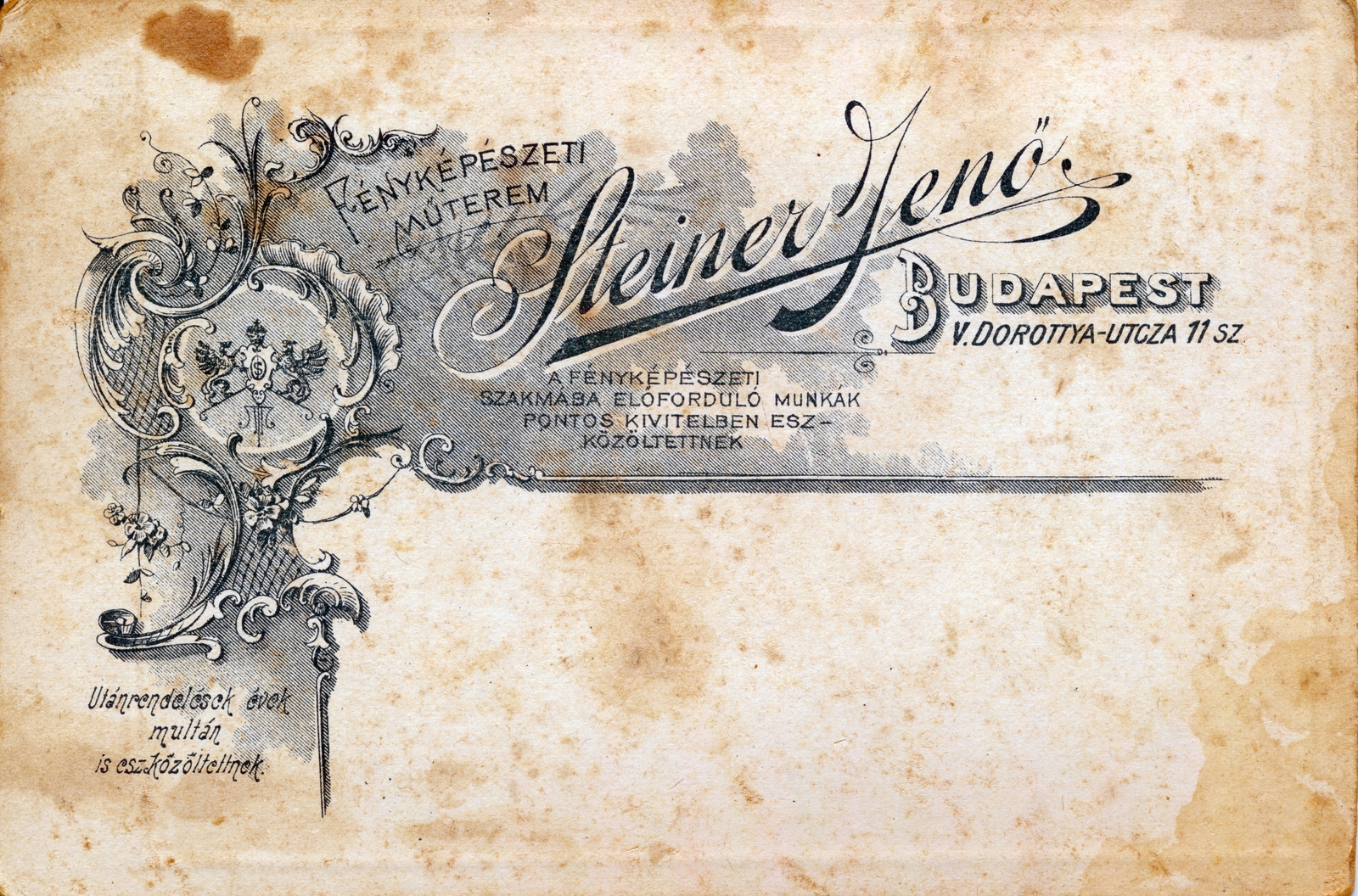 Hungary, Budapest V., Dorottya utca 11., Steiner Jenő fényképészeti műterme., 1912, Petőfi Sándor Városi Könyvtár Kiskőrös - Szász Lajos hagyatéka, verso, photographer, studio, Budapest, Fortepan #155715