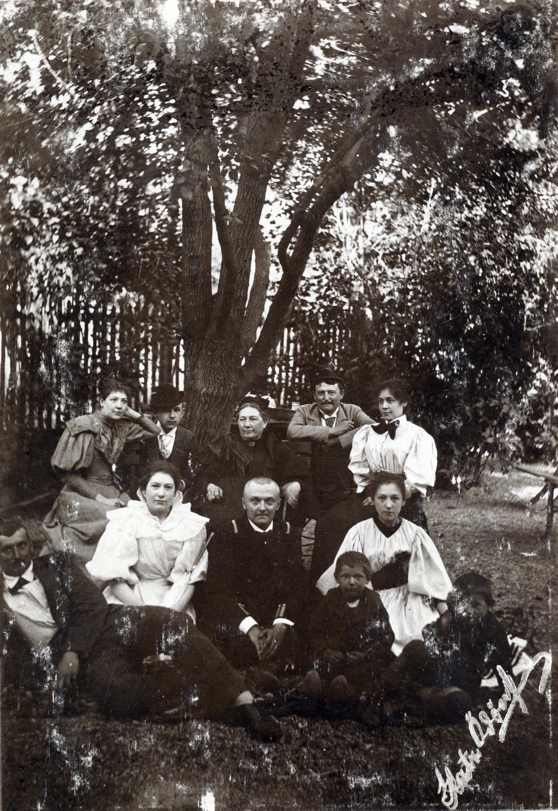 1913, Glatz Ödön, dohányzás, csoportkép, kisfiú, fa, gyerekek, masni, gyerek, generációk, Fortepan #156517