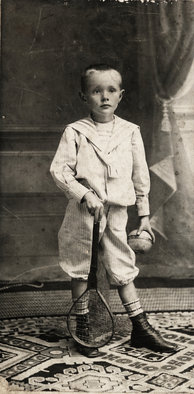 1910, Kuncze Magdolna, kid, portrait, studio, ball, carpet, tennis rackets, shoe, Fortepan #156664