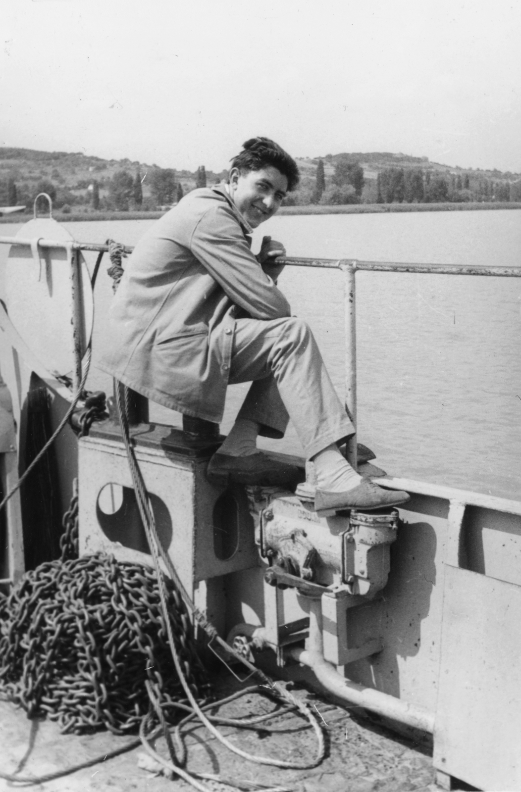 1955, Ember Csaba, smile, man, youth, ship, chain, Fortepan #156684