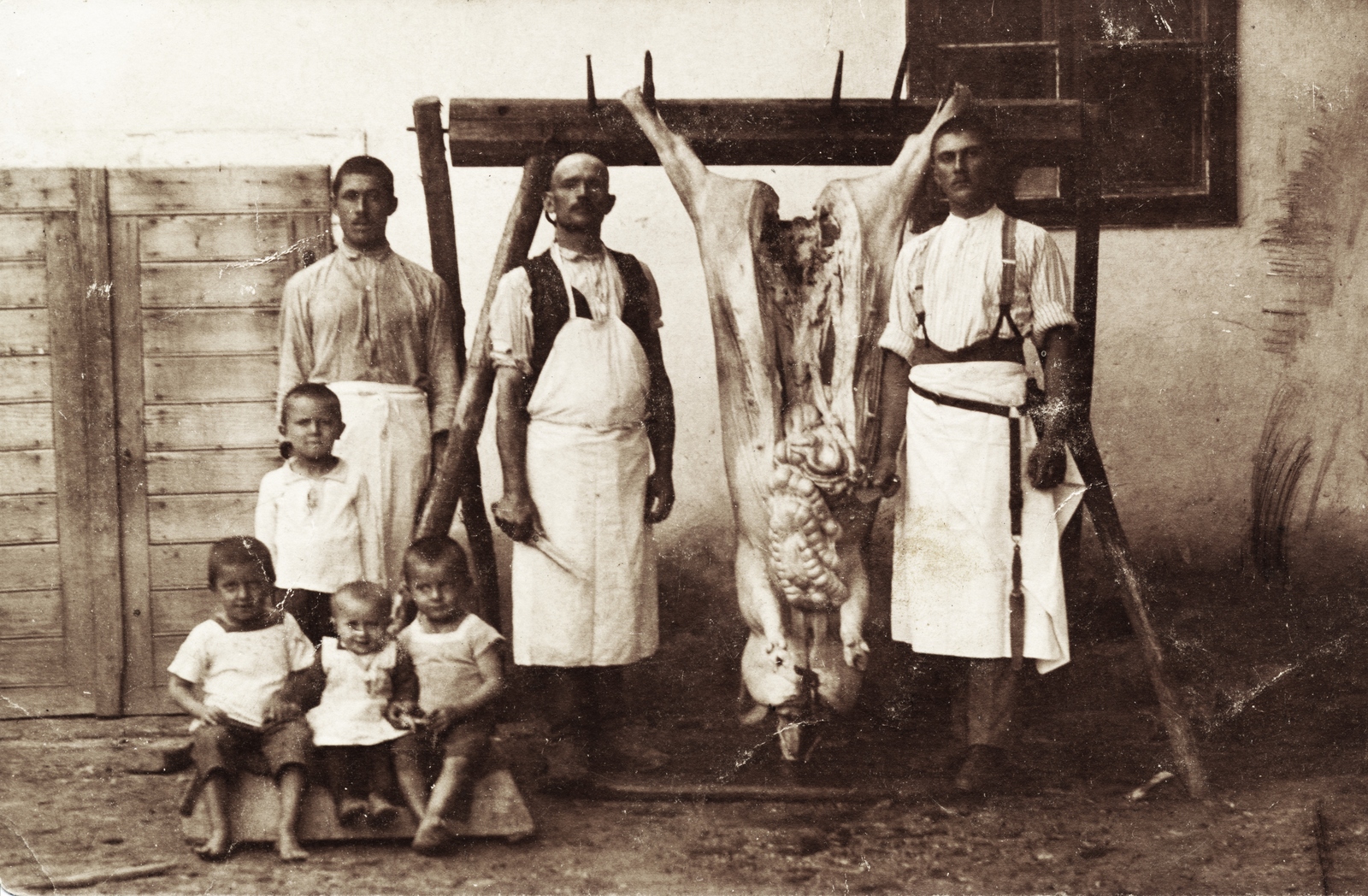 1914, Ember Csaba, pig slaughter, kids, Fortepan #156723