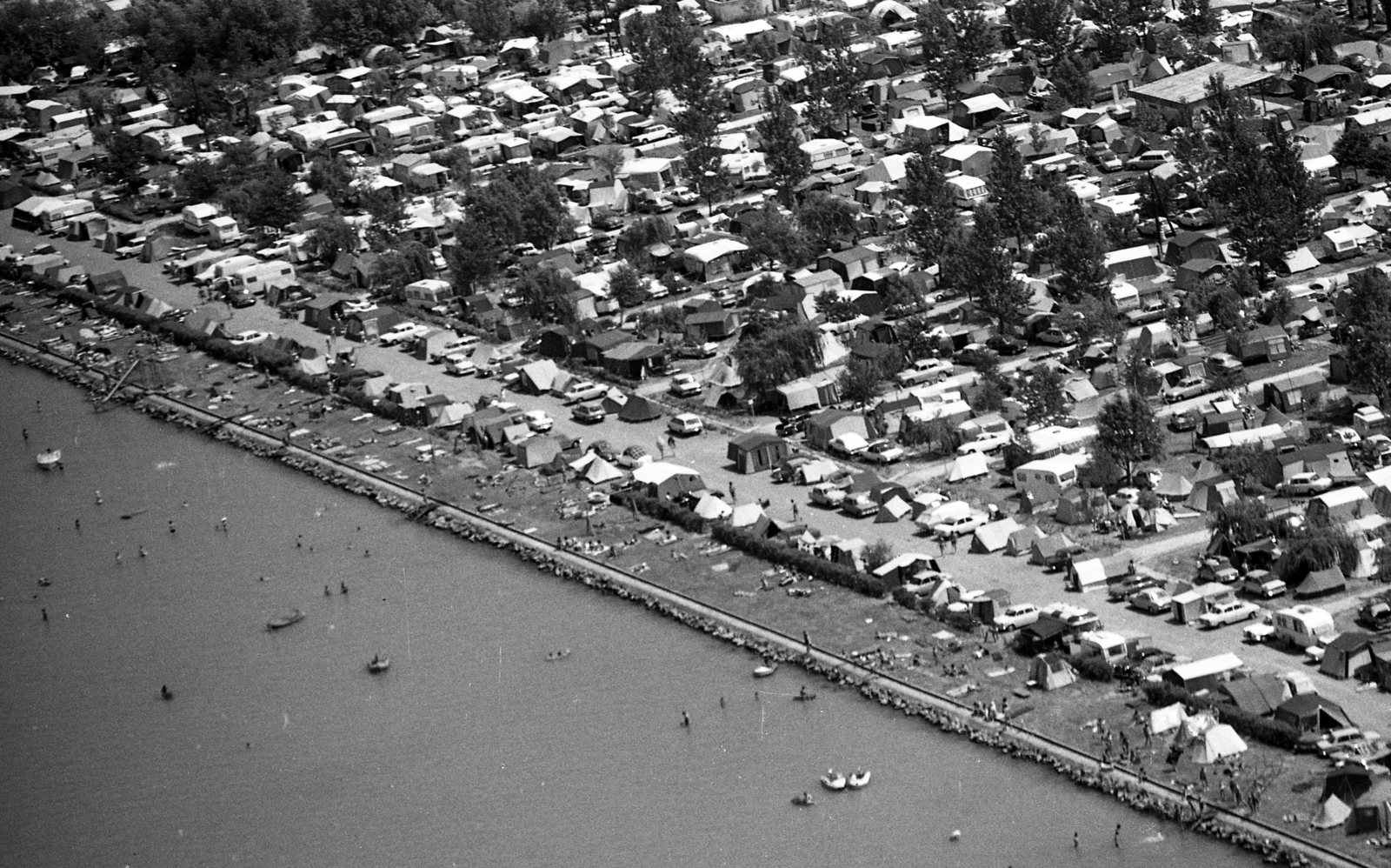 Hungary,Lake Balaton, Szántód, autós kemping., 1974, Urbán Tamás, aerial photo, Baby boat, Fortepan #15849