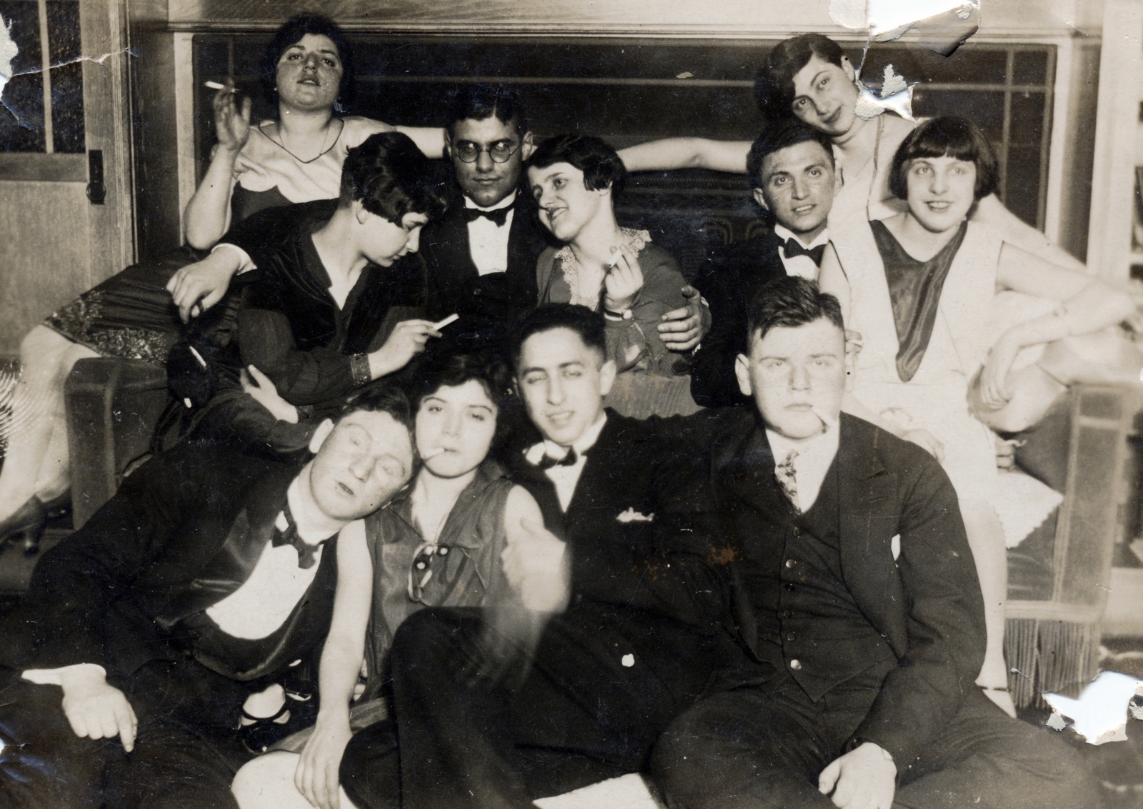 1932, Preisich család, smoking, tableau, youth, damaged photo, bow tie, companionship, Fortepan #158579