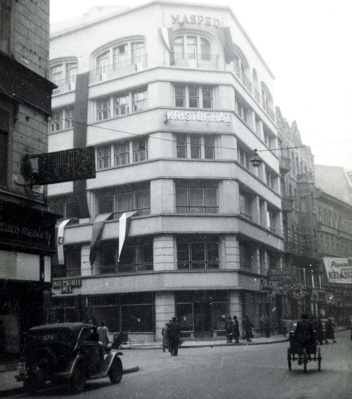 Magyarország, Budapest V., Váci utca, szemben a 6-os számú épület, a Kristóf tér sarkán, a Kristóf-ház., 1948, Ungvári György, Budapest, Philips-márka, Fellner és Helmer-terv, Fortepan #159131