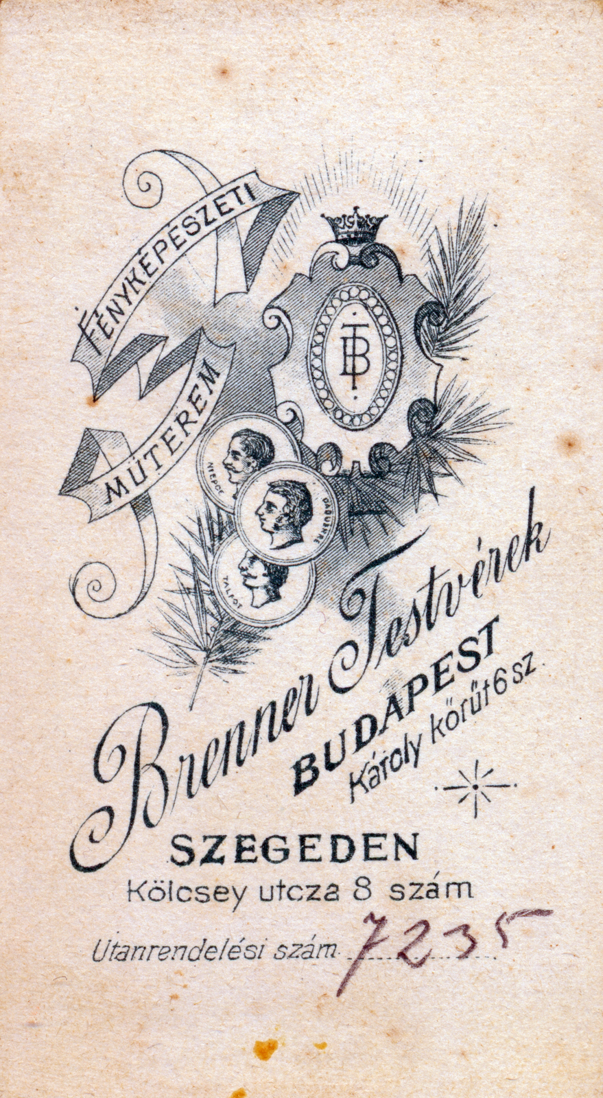 Hungary, Budapest VI.,Szeged, Károly körút 6. / Kölcsey utca 8., Brenner testvérek fényképészeti műterme., 1904, Ungvári György, studio, verso, photographer, Budapest, Fortepan #159178