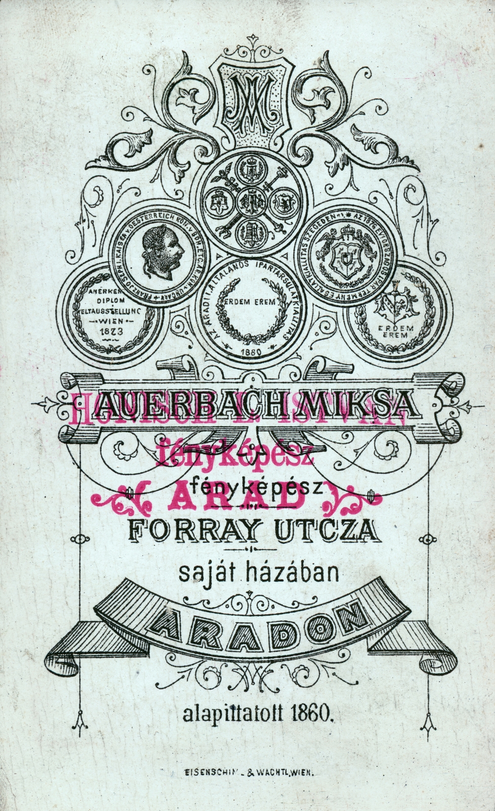 Romania,Transylvania, Arad, Forray utca, Auerbach Miksa fényképész. Felülnyomott: Honisch L. István fényképész., 1900, Ungvári György, verso, photographer, studio, Fortepan #159182
